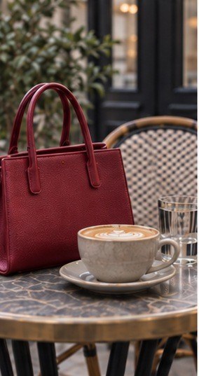 Coffee and a crimson bag at a London café