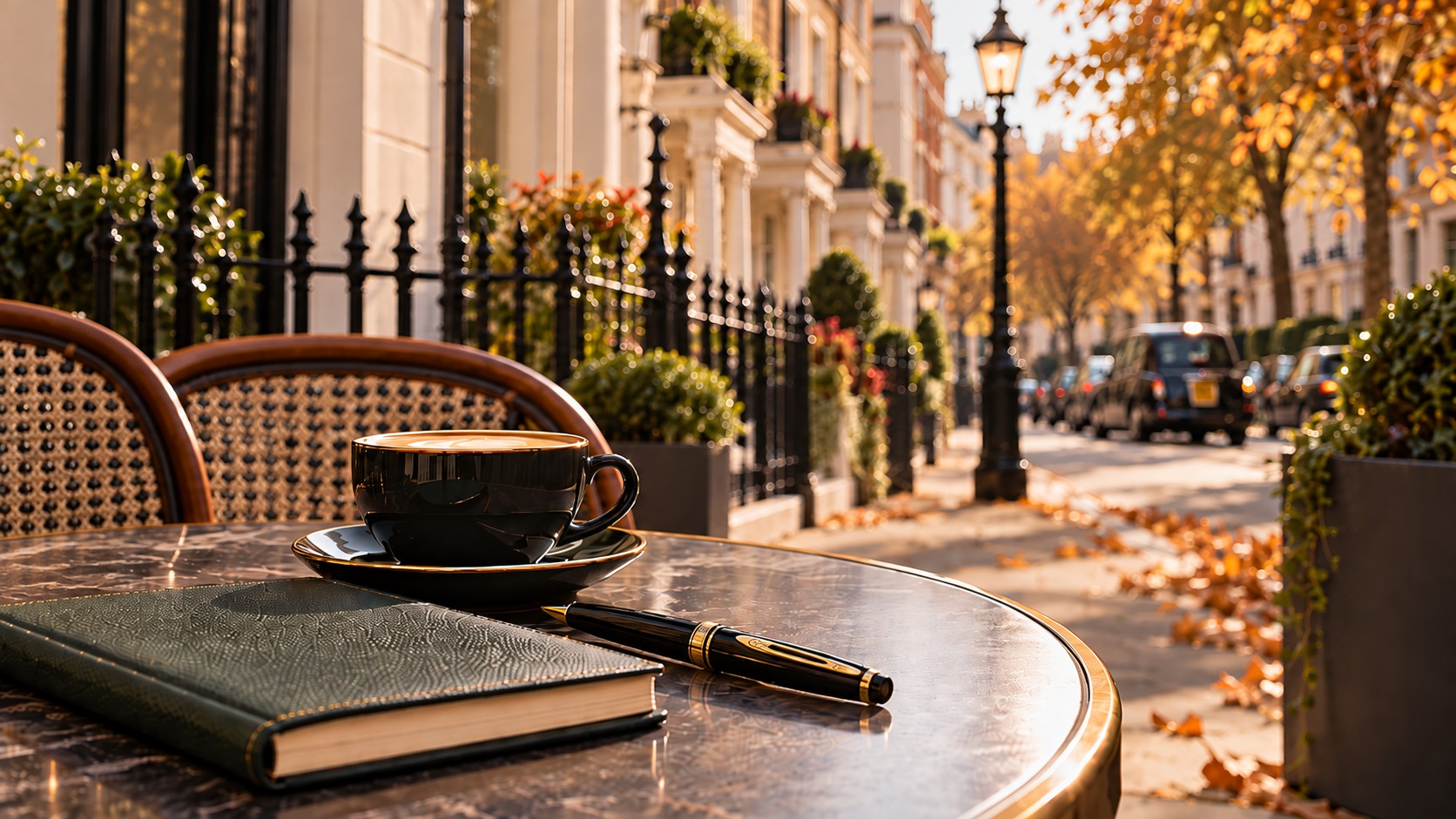Autumn coffee and notebook on a London café table