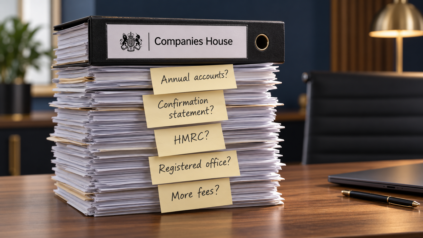 A tall stack of company paperwork and Companies House administration on an office desk