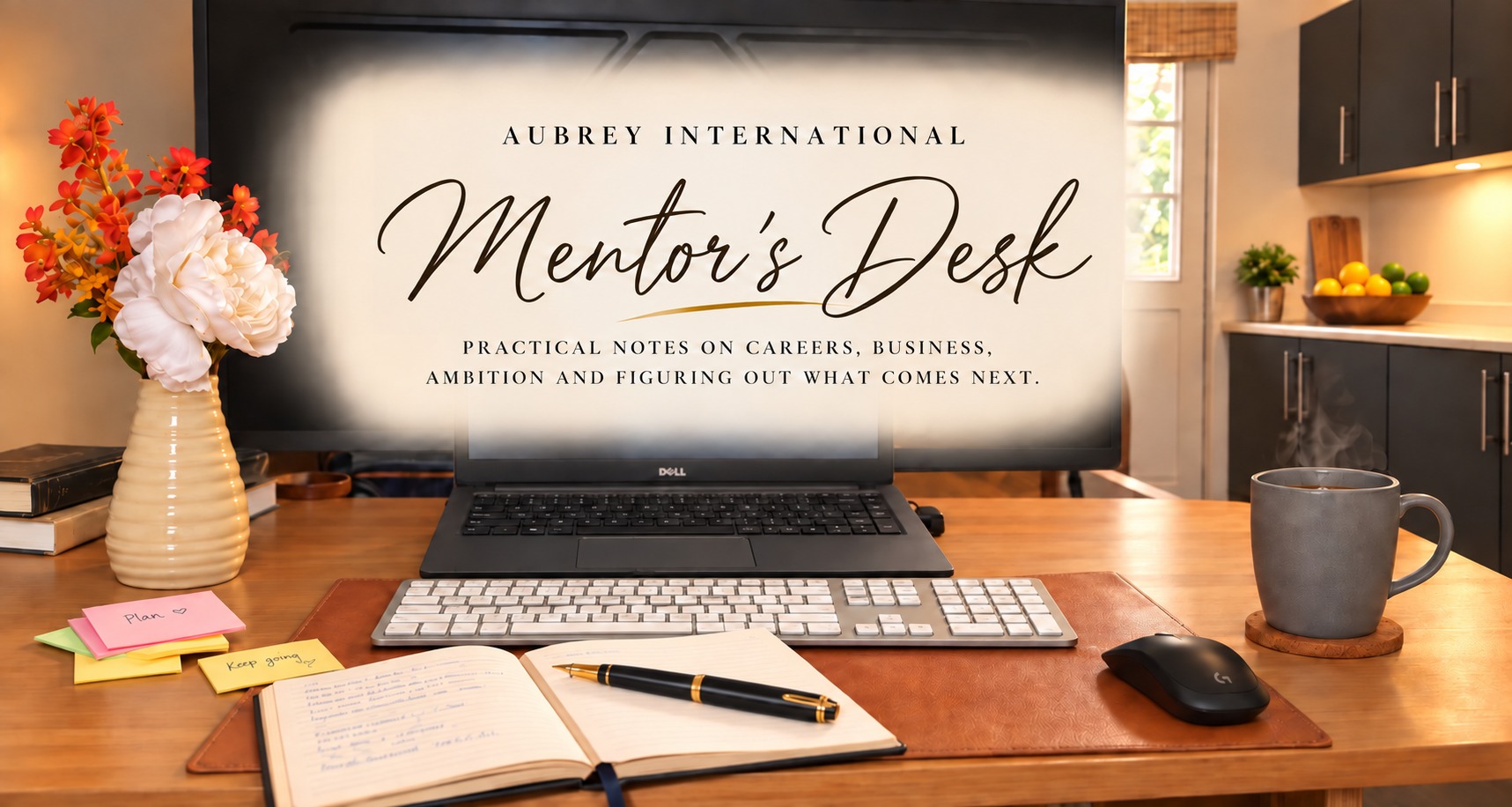 Mentor's Desk at Aubrey International, with a light wood desk, notebook, pen, flowers and coffee